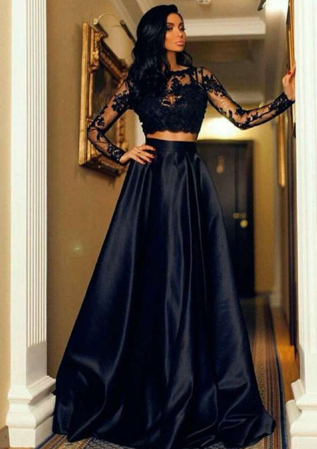 Satin Prom Dress A-Line/Princess Bateau Sweep Train With Lace