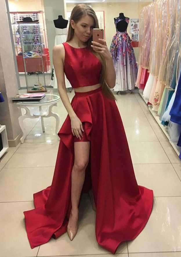 a-line scoop neck asymmetrical satin evening dress A-Line Mother of the Bride Dress Wedding Guest Elegant High Low Scoop  BL  Dress