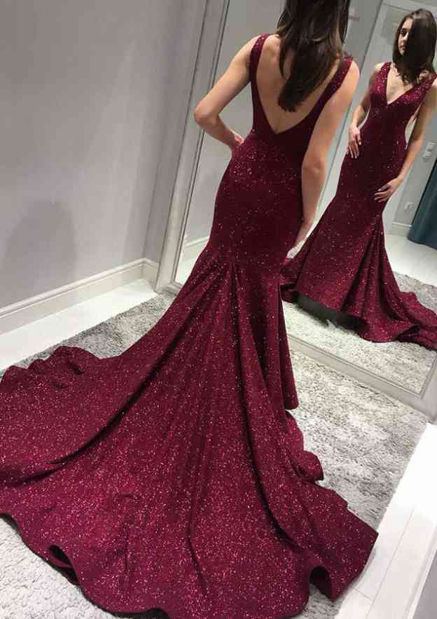 Trumpet/Mermaid V Neck Sleeveless Chapel Train Lace Evening Dress