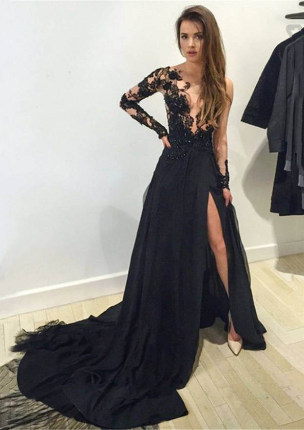 black long sleeve open back prom dress strapless open back dress Scoop Neck Satin Floor Length Black Long Sleeve  Open Back Prom Dress  Promnova