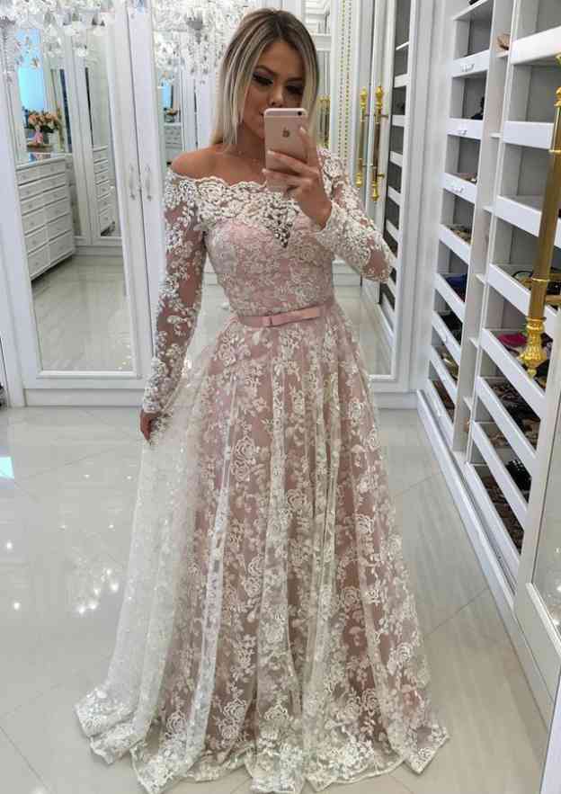 A-line/Princess Scalloped Neck Sleeves Sweep Train Lace Prom Dress Waistband