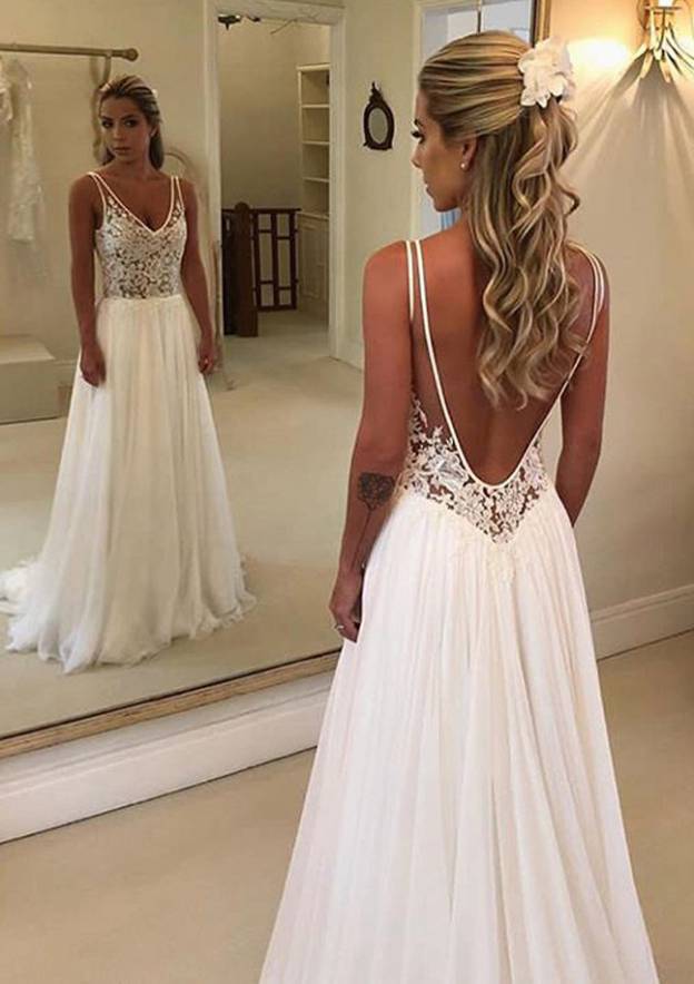 A-line/Princess V Neck Sleeveless Sweep Train Chiffon Wedding Dress With Lace
