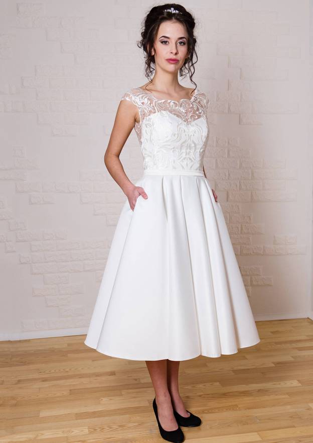 A-line/Princess Bateau Sleeveless Tea-Length Satin Wedding Dress With Lace