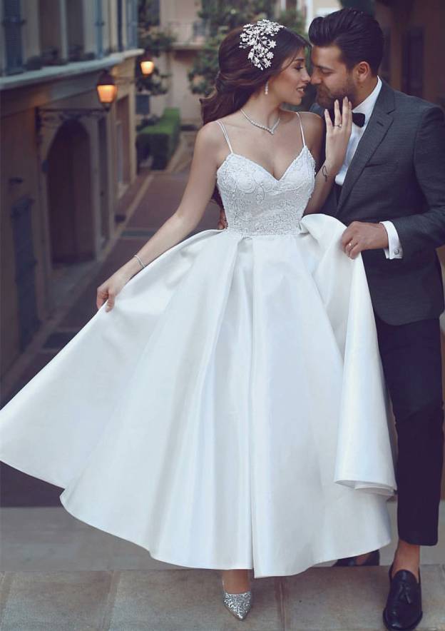 Ball Gown Sweetheart Sleeveless Ankle-Length Satin Wedding Dress With Lace