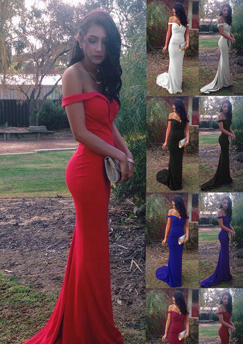 Red Sheath/Column Sweetheart Sweep Train Jersey Prom Dresses Evening Dresses With Appliqued - STACEES