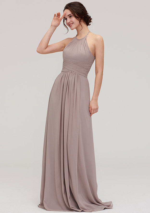 A-line/Princess Scoop Neck Sleeveless Long/Floor-Length Chiffon Bridesmaid Dresses With Pleated