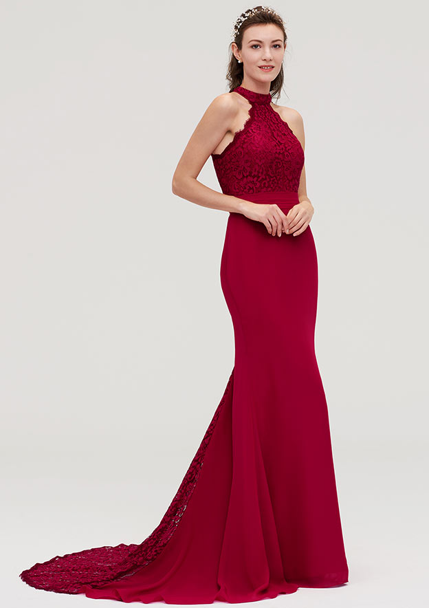 Trumpet/Mermaid Scoop Neck Sleeveless Court Train Chiffon Evening Dresses With Lace