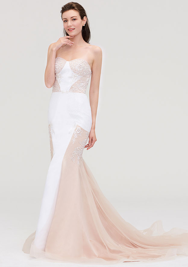 Trumpet/Mermaid Sweetheart Sleeveless Chapel Train Tulle Prom Dress With Lace Appliqued