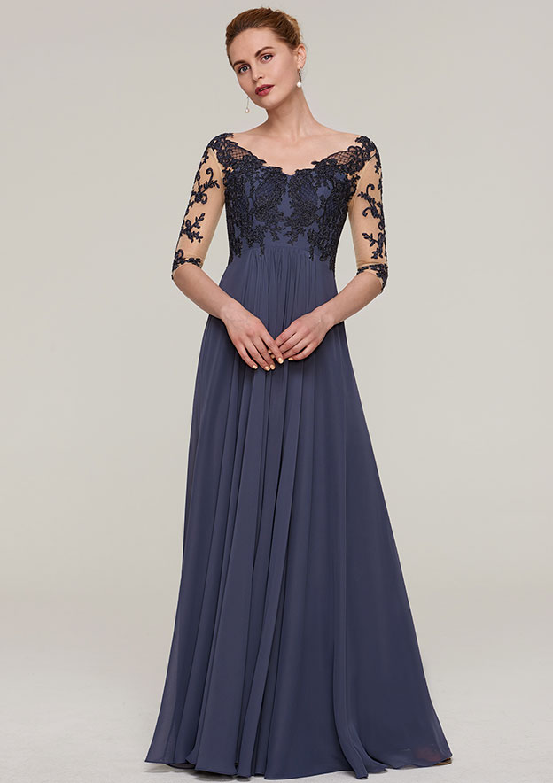 A-line/Princess V Neck Half Sleeve Long/Floor-Length Chiffon Mother of the Bride Dresses With Appliqued