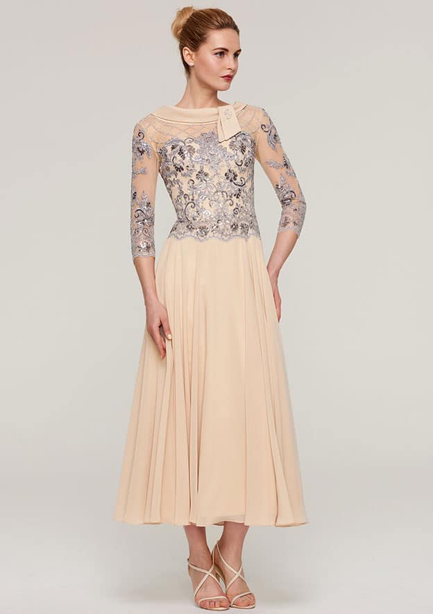 Chiffon Mother of the Bride Dress A-line/Princess Bateau 3/4 Sleeve Tea-Length With Sequins Beading Lace