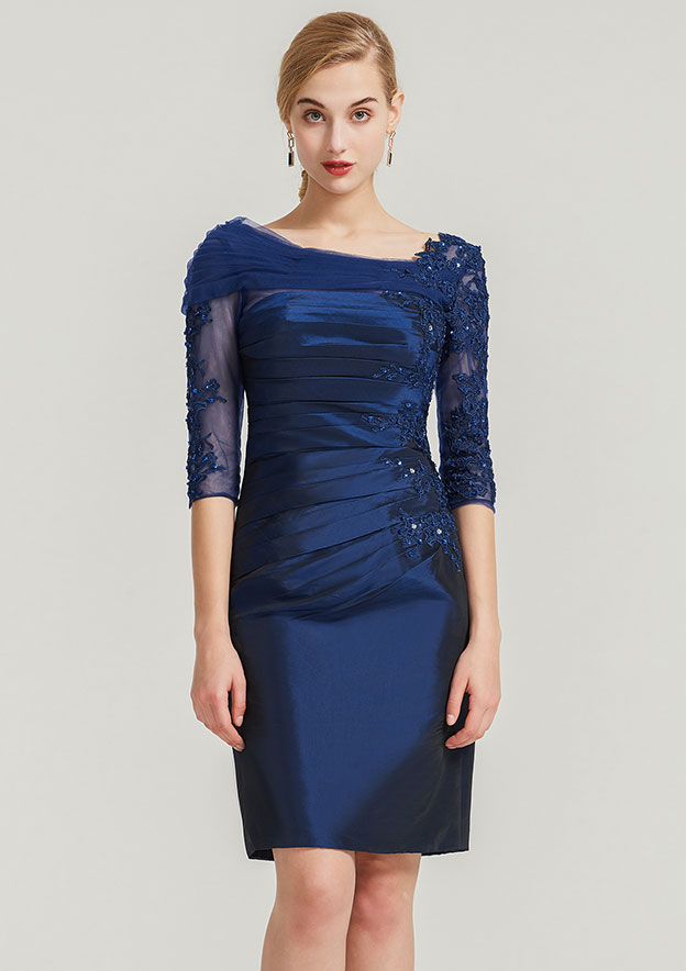 Sheath/Column Scalloped Neck Half Sleeve Knee-Length Taffeta Mother of the Bride Dress With Pleated Appliqued Beading