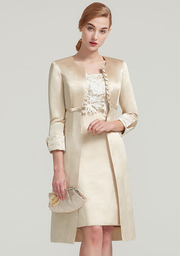 Sheath/Column Square Neckline Sleeveless Knee-Length Satin Mother of the Bride Dress With Appliqued