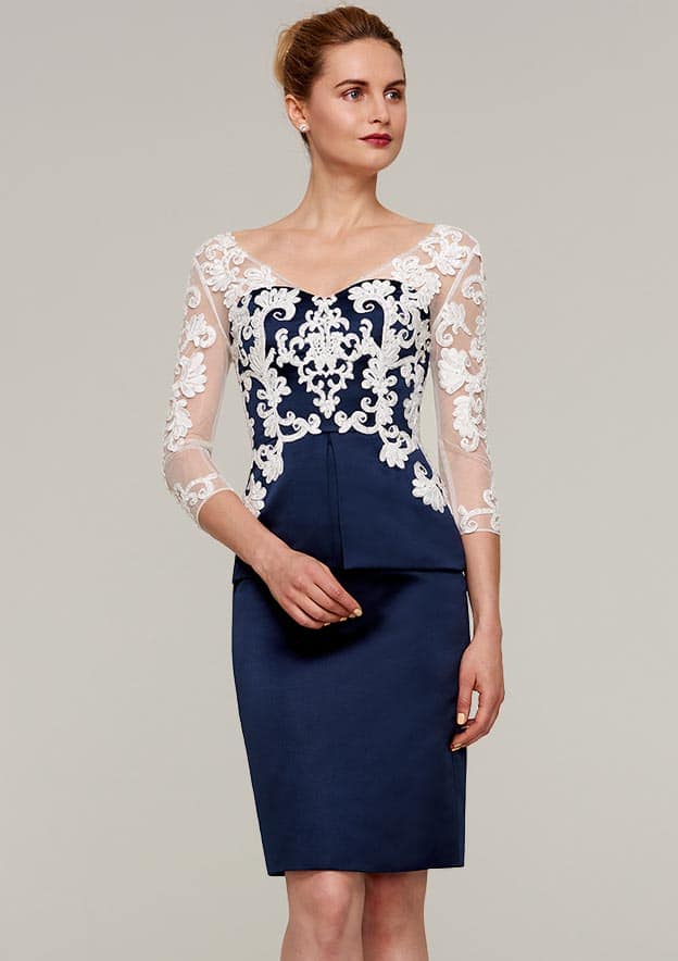 Sheath/Column V Neck 3/4 Sleeve Knee-Length Satin Mother of the Bride Dress With Appliqued