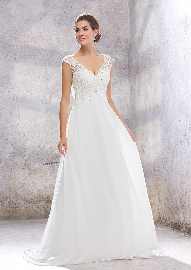 A-line Empire V Neck Sleeveless Sweep Train Chiffon Wedding Dress With Beading Sequins Appliques