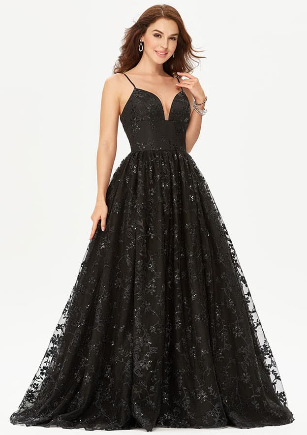 Ball Gown Princess V Neck Sleeveless Tulle Satin Sweep Train Prom Dress With Sequins Glitter