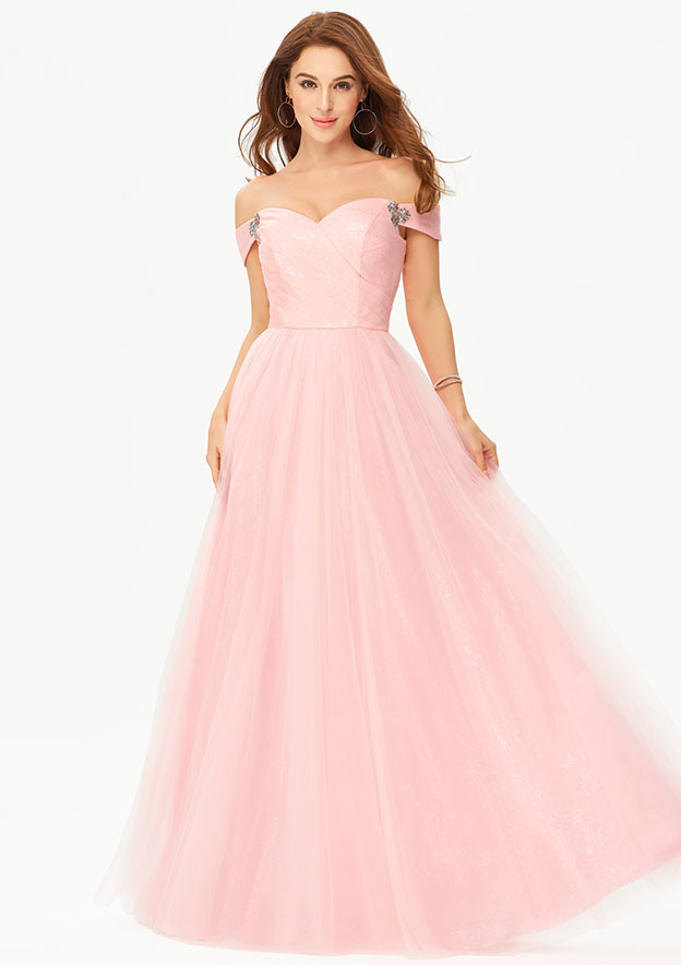Princess A-line Off-the-Shoulder Sleeveless Tulle Satin Long/Floor-Length Prom Dress With Glitter Sequins Pleated Beading