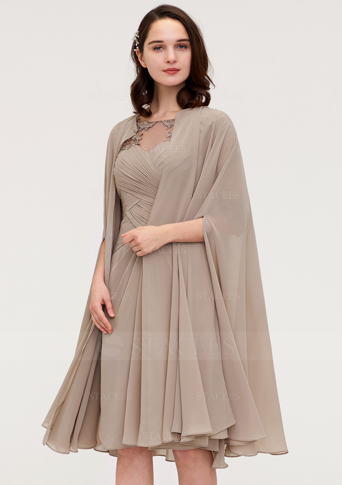 Taupe Tubo escote bandeja gasa hasta la rodilla vestido de madrina - STACEES