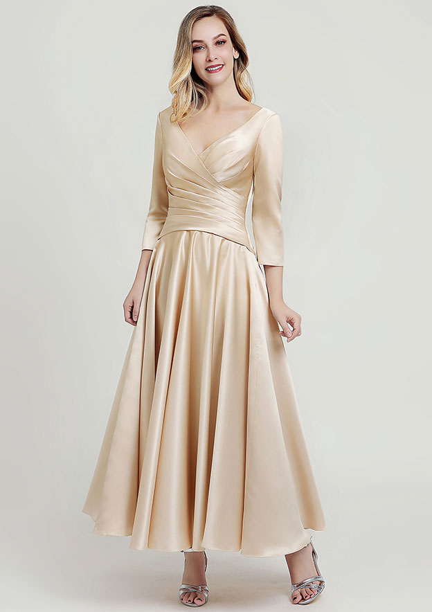 Satin Mother of the Bride Dress A-line/Princess V Neck 3/4 Sleeve Ankle-Length With Pleated