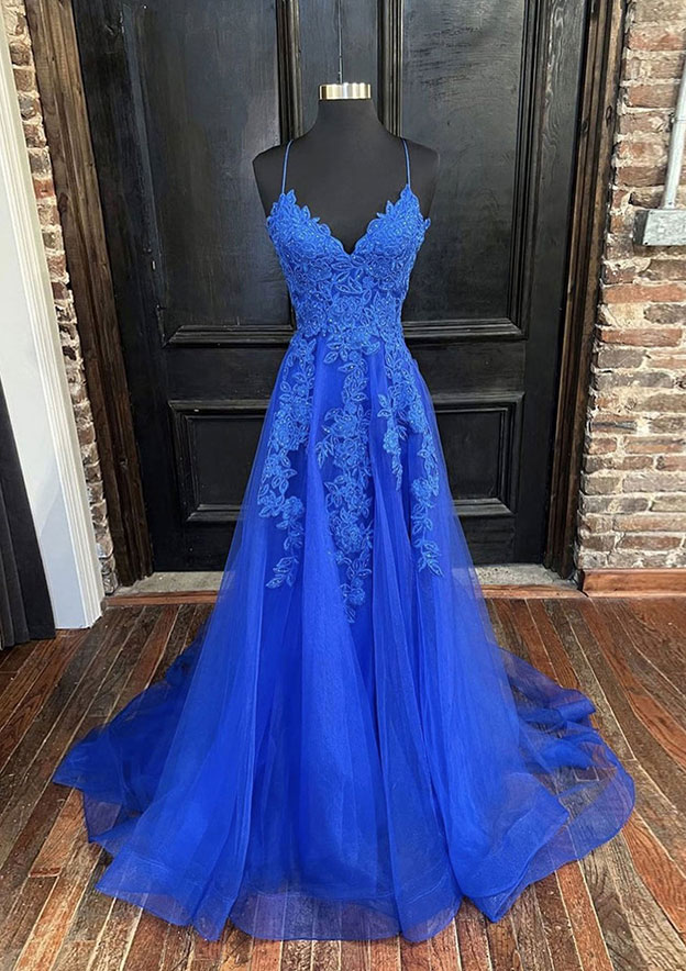 A-line V Neck Spaghetti Straps Sweep Train Tulle Prom Dress With Appliqued 