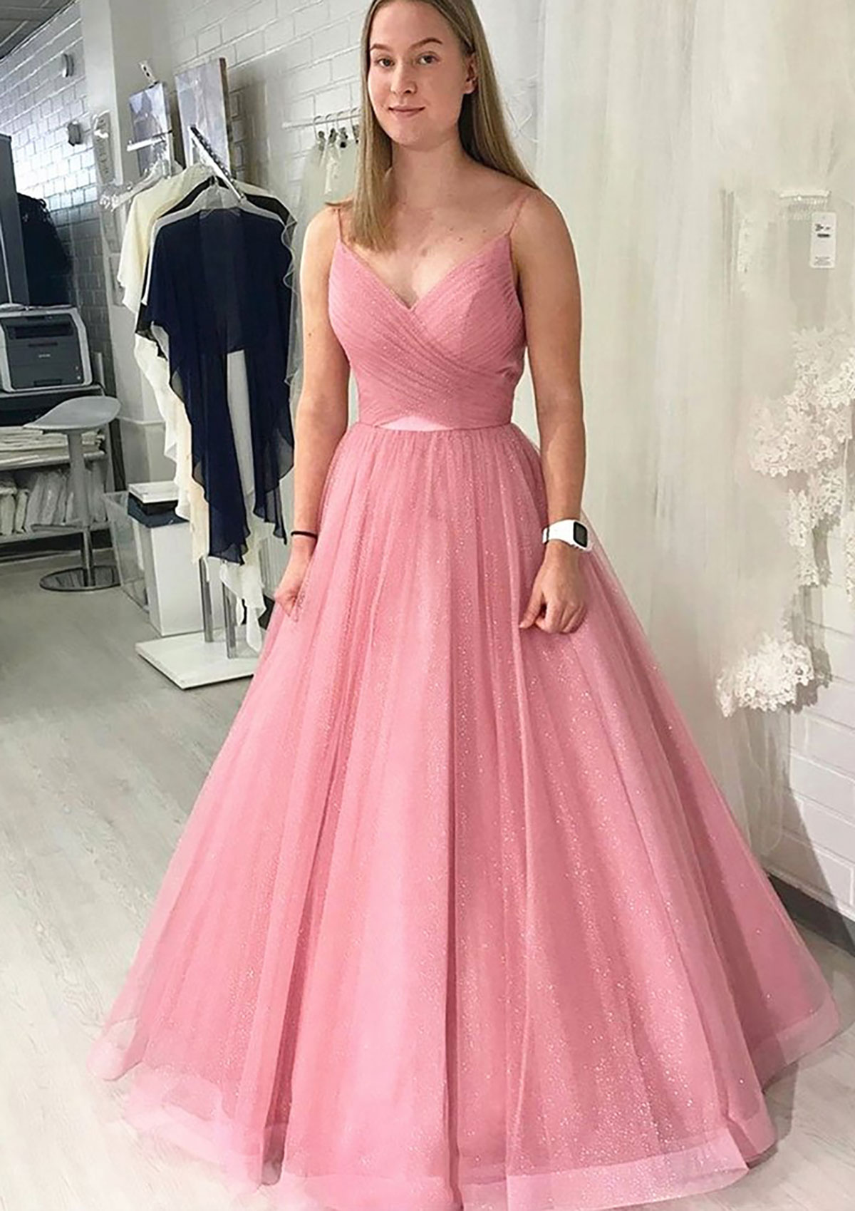 As Picture Ball Gown Long/Floor-Length Sparkling Tulle Prom Dress With Pleated - STACEES