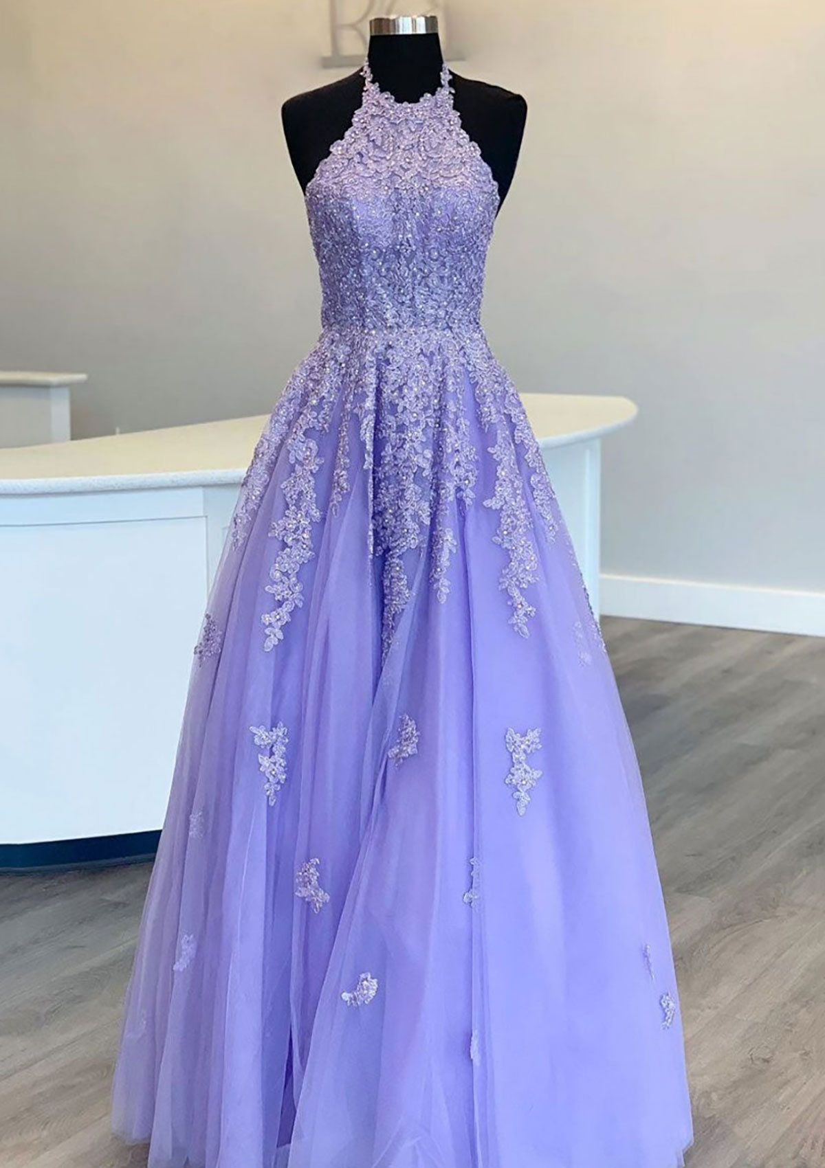 lace halter prom dress Lavender Tulle A-line Halter Lace Appliqued Prom Dresses, Evening Dress,  MP674