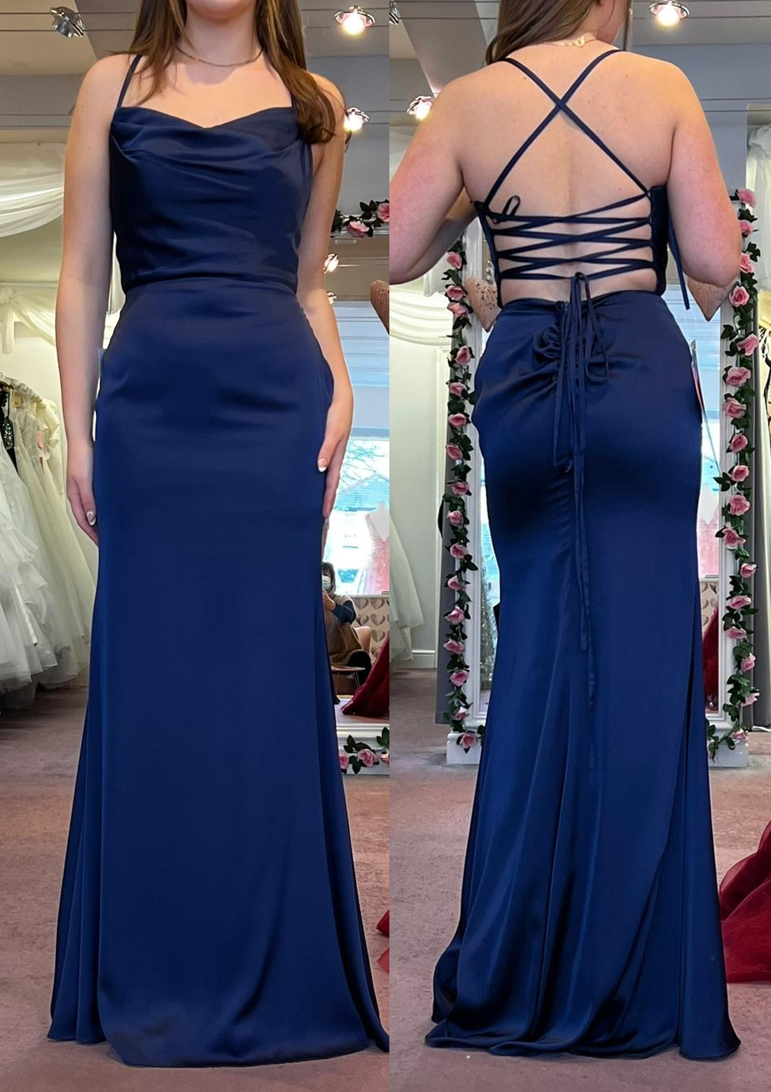 As Picture Sheath/Column Cowl Neck Long/Floor-Length Satin Prom Dress With Pleated - STACEES