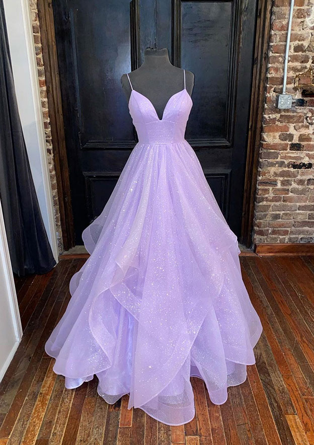 A-line Princess Sweetheart Sleeveless Long/Floor-Length Tulle Sparkling Prom Dress 