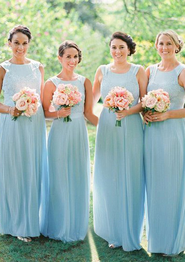A-line/Princess Scoop Neck Sleeveless Long/Floor-Length Chiffon Bridesmaid Dresses With Lace