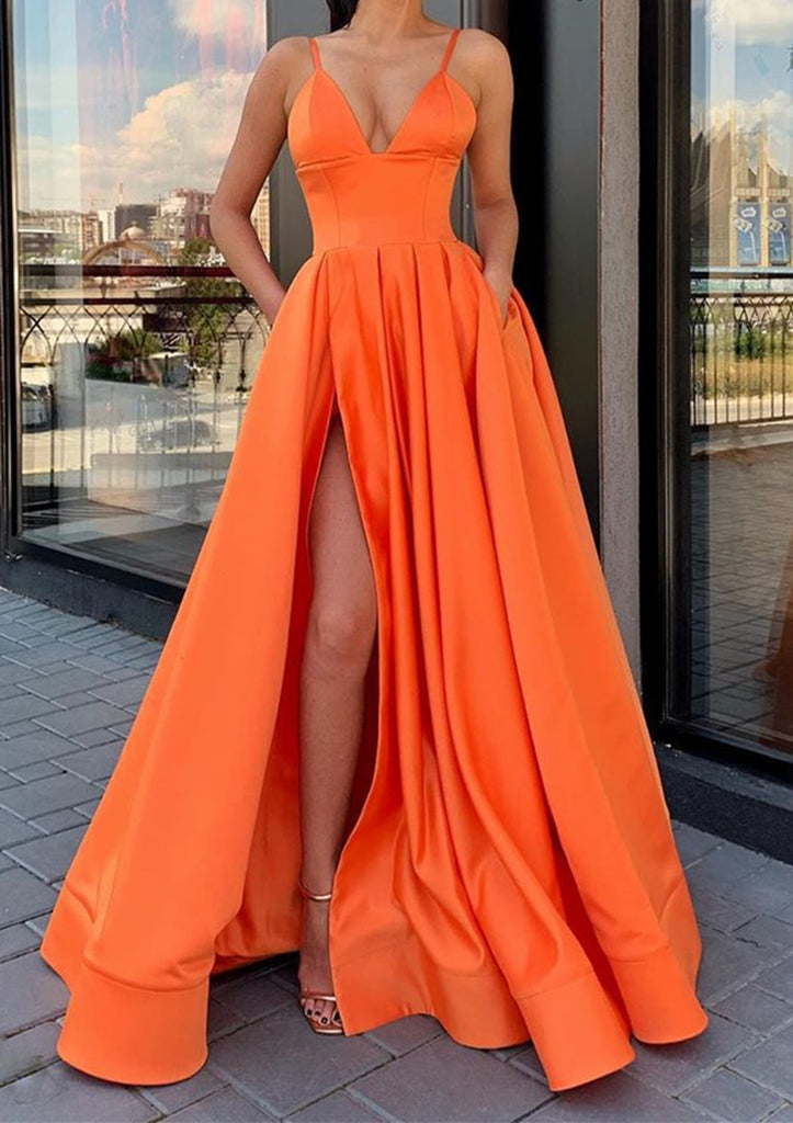 prom dress orange A-line Spaghetti Straps Deep V-neck Long Dresses ARD3187 Look elegant and beautiful in this Mermaid Elastic Satin Spaghetti Straps Prom Dress Stacees Prom Dress A-line V