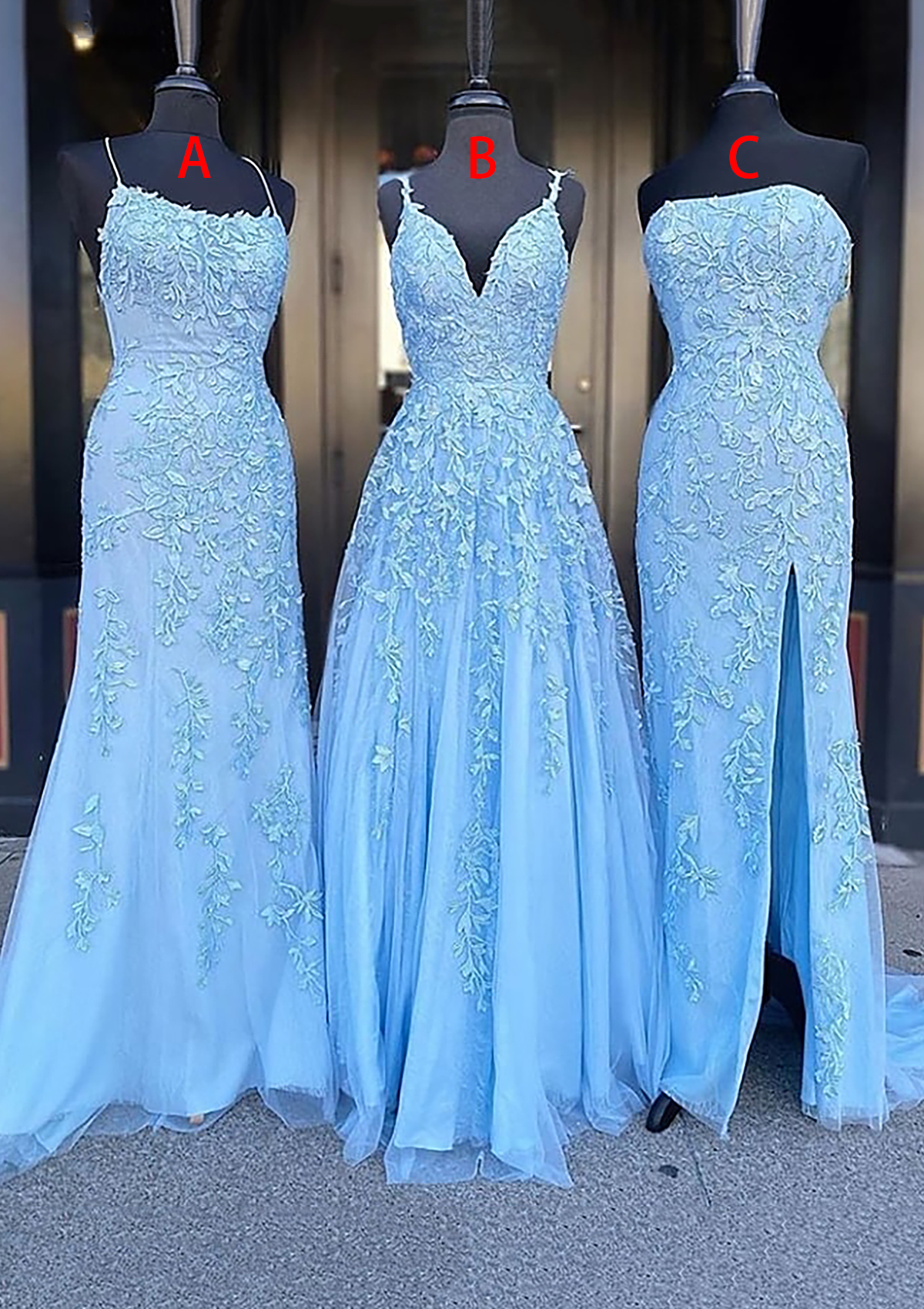 Sky Blue A-line Long/Floor-Length Sleeveless Vintage Lace Prom Dress - STACEES