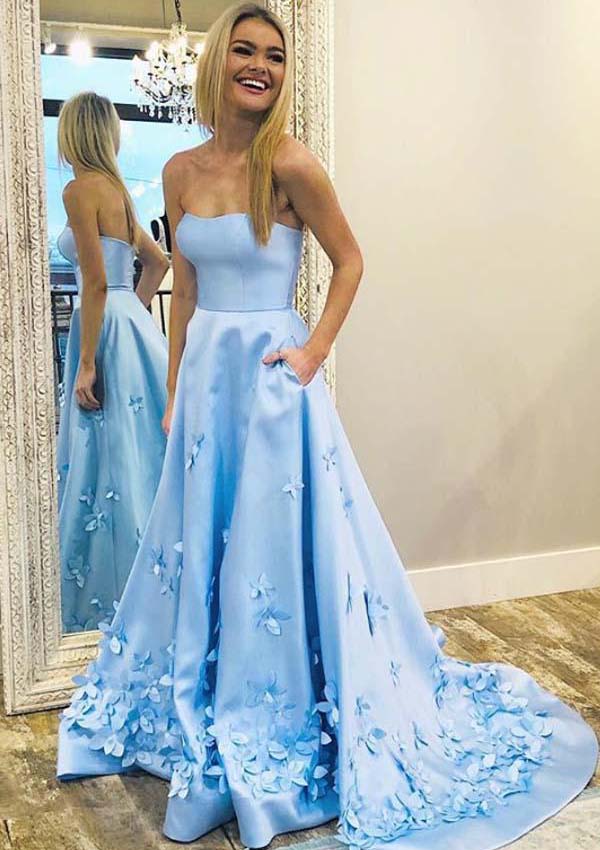 Sky Blue Princess Sweetheart Sleeveless Court Train Satin Prom Dress With Flowers - STACEES