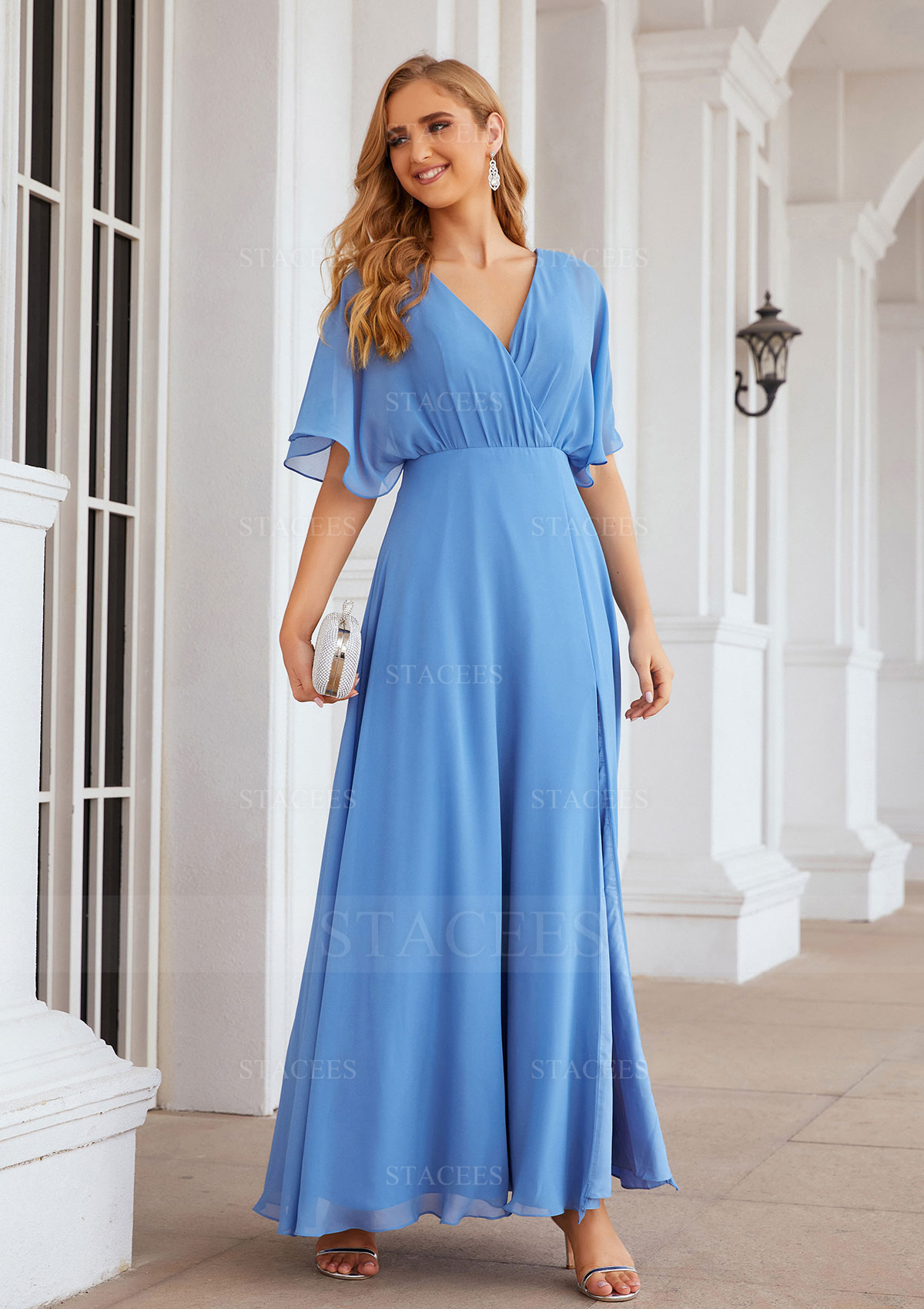 Robe trapèze col en v mousseline longueur cheville robe de mère de la mariée