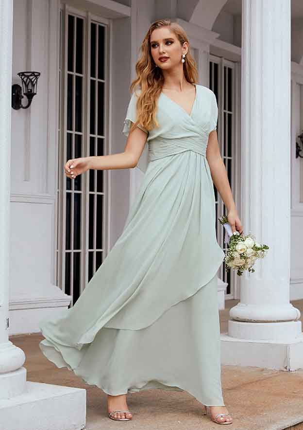a-line v-neck floor-length chiffon bridesmaid dress with ruffle V Neck Short Sleeve Long/Floor-Length Pleated Ruffles - Bridesmaid Dresses Shoe Size:5D moonlight 100 Best Yellow Bridesmaid Spring;Summer;Autumn;Winter;