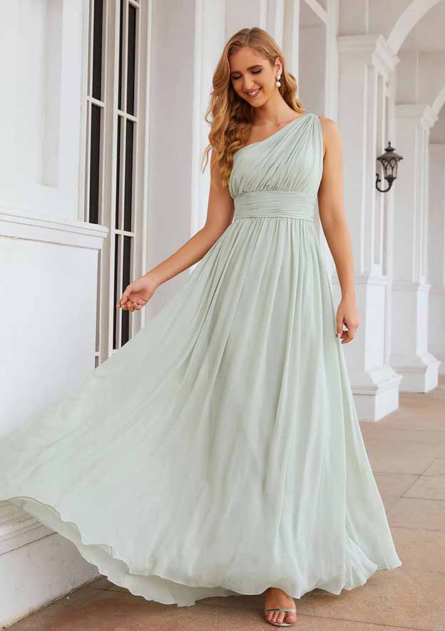 A-line One-Shoulder Sleeveless Chiffon Long/Floor-Length Bridesmaid Dress With Pleated