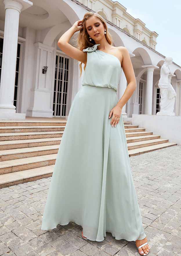 flower shoulder bridesmaid dress Charming One Shoulder Hand-Made Flower Sleeveless Long Chiffon Bridesmaid Dresses