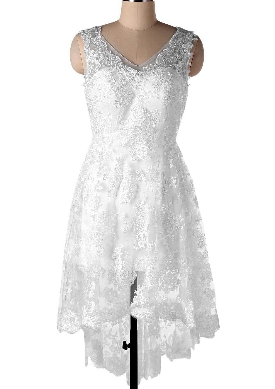 Ivory A-line V Neck Sleeveless Lace Satin Asymmetrical Wedding Dress - STACEES