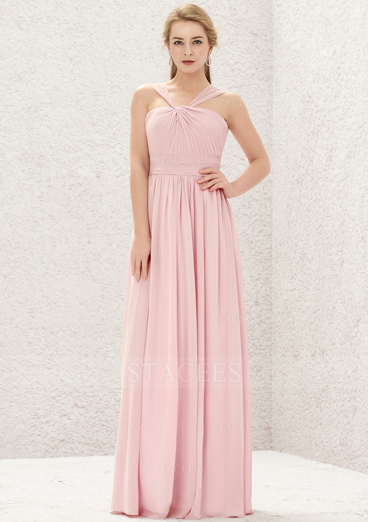 A-line Halter Sleeveless Long/Floor-Length Chiffon Bridesmaid Dress With Pleated