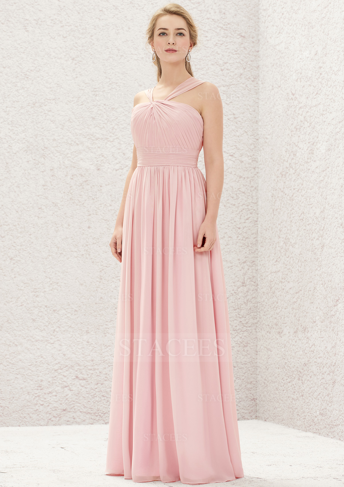 As picture Trapèze licou mousseline longueur ras du sol robe de demoiselle d'honneur rose clair - STACEES