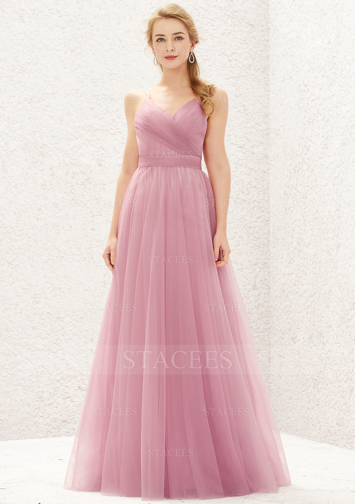 Mauve Princess A-line Sweetheart Sleeveless Tulle Long/Floor-Length Bridesmaid Dress With Pleated - STACEES