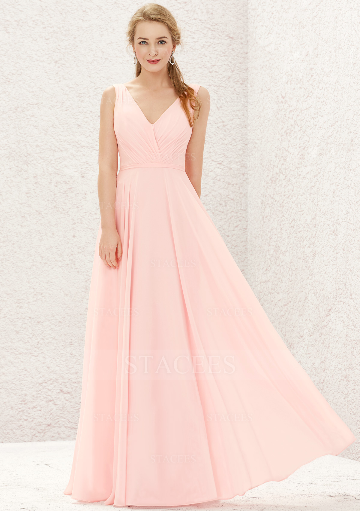 A-line Chiffon V Neck Long/Floor-Length Pleated Bridesmaid Dress
