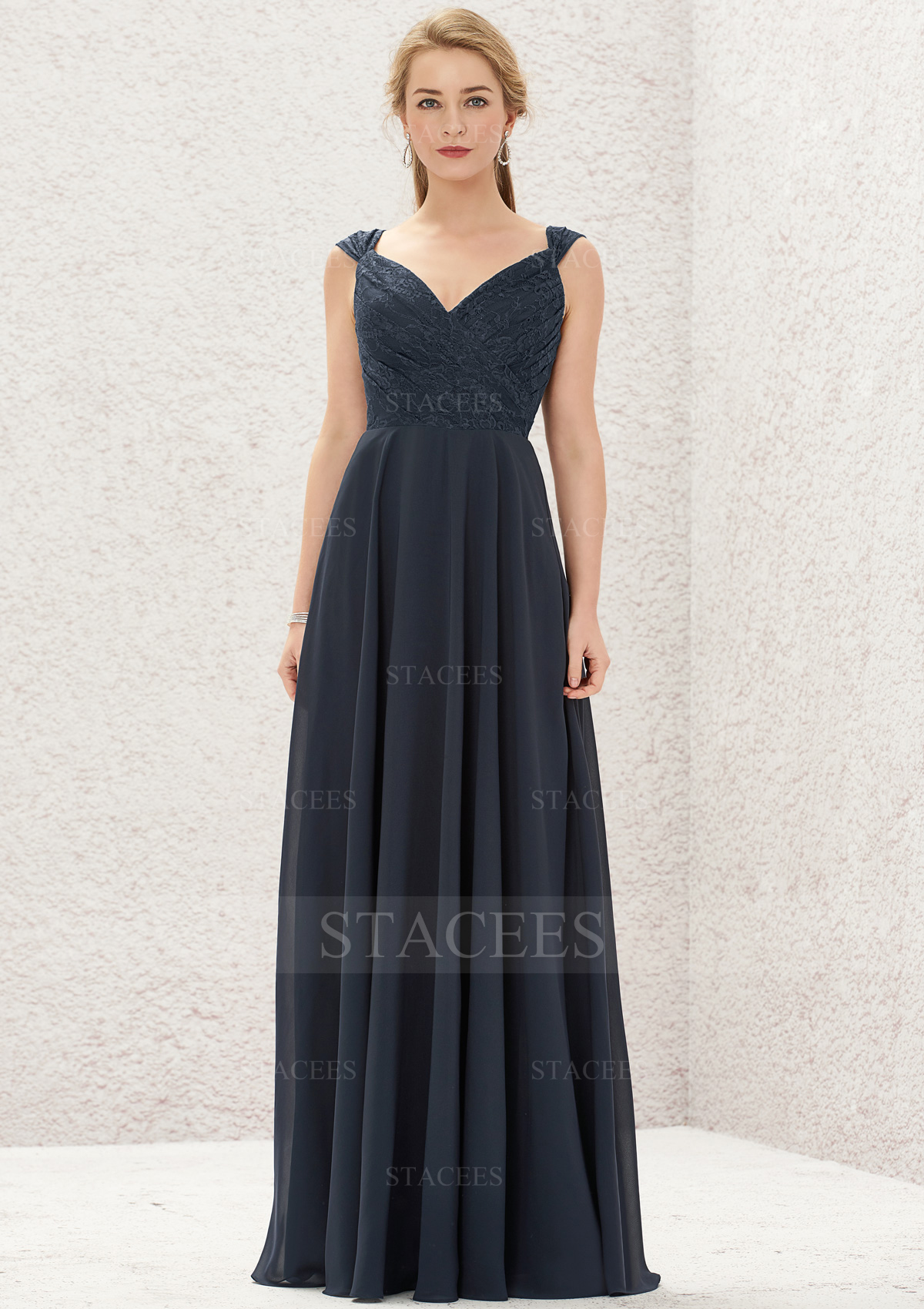 Dark Navy A-line V Neck Sleeveless Long/Floor-Length Chiffon Bridesmaid Dress With Lace - STACEES