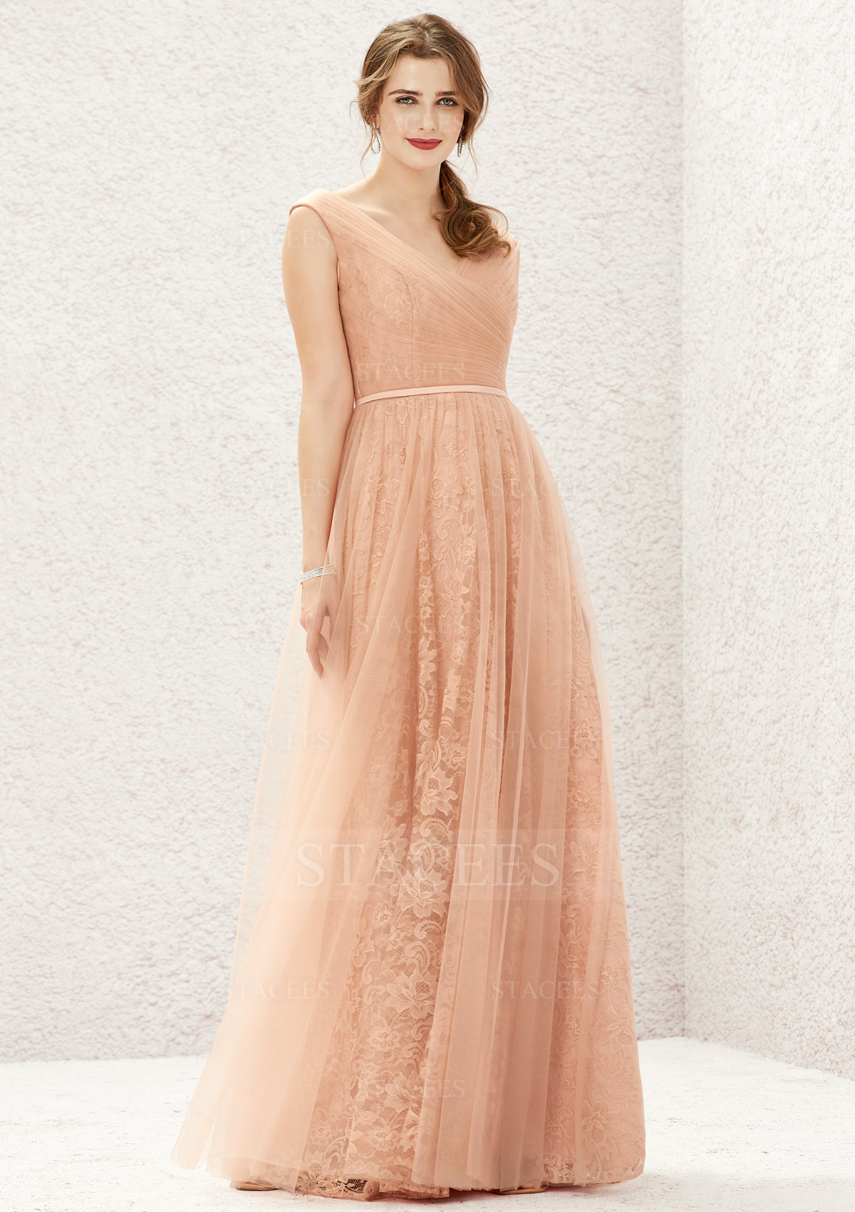 Dusty Pink Long/Floor-Length A-line V Neck Lace Tulle Bridesmaid Dress With Pleated - STACEES