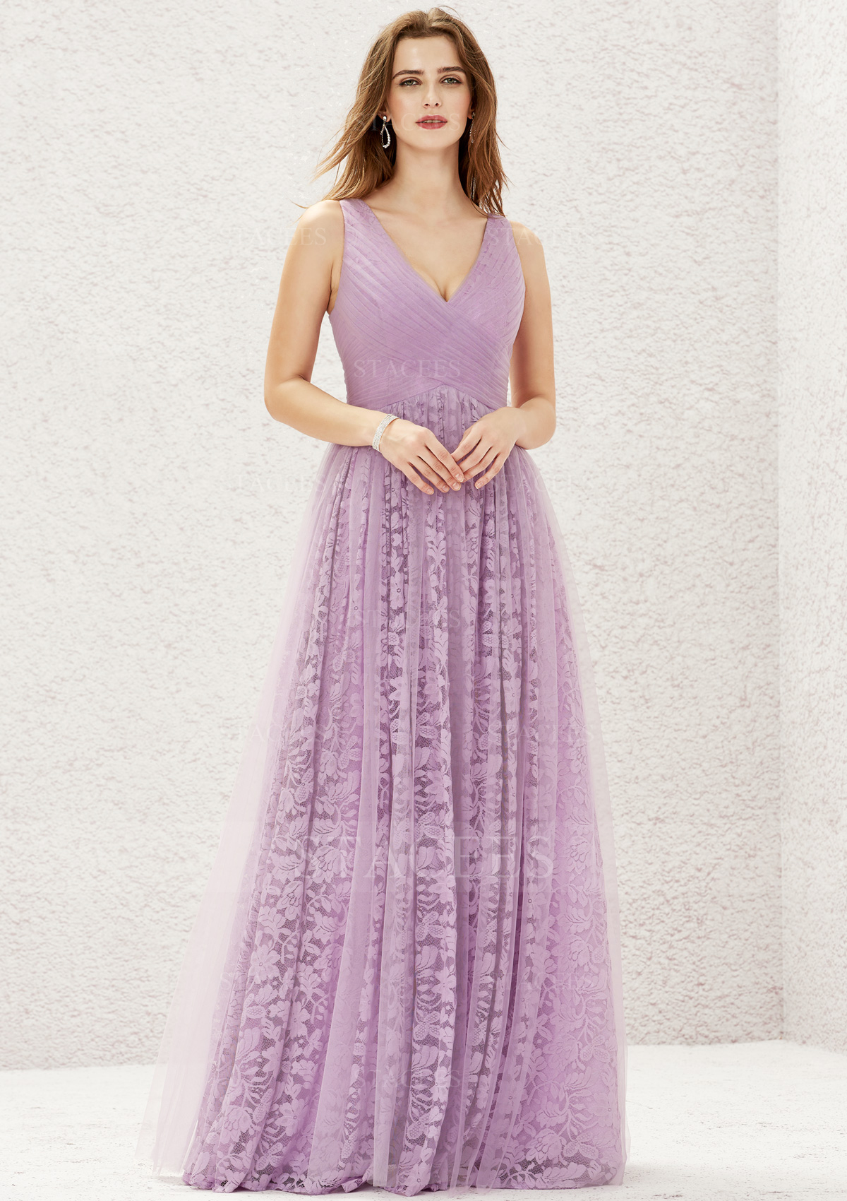 Vestido línea a escote en v encaje tul hasta el suelo vestido de graduación