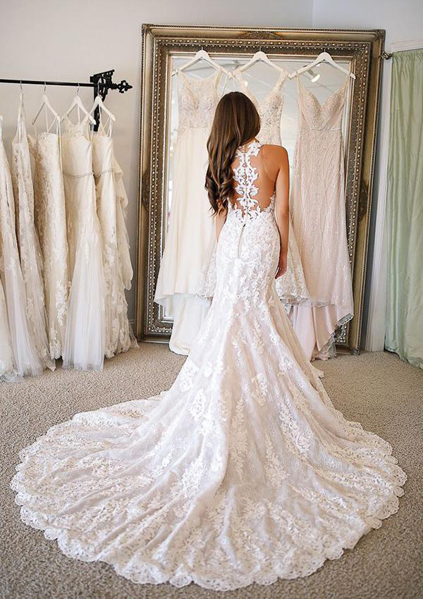 lace wedding dress chapel train Tulle Lace A-line V-neck Chapel Train Wedding Dresses, Bridal Gowns, MW599