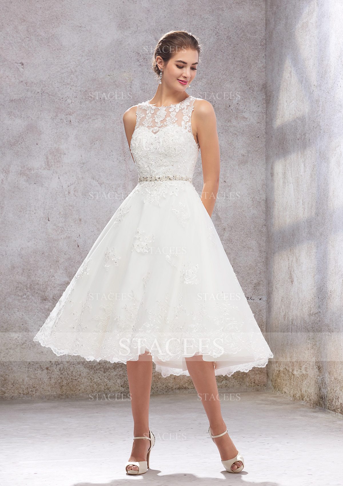 Ivory A-line Illusion Neck Tea-Length Tulle Lace Wedding Dress With Waistband Embroidery Crystal - STACEES