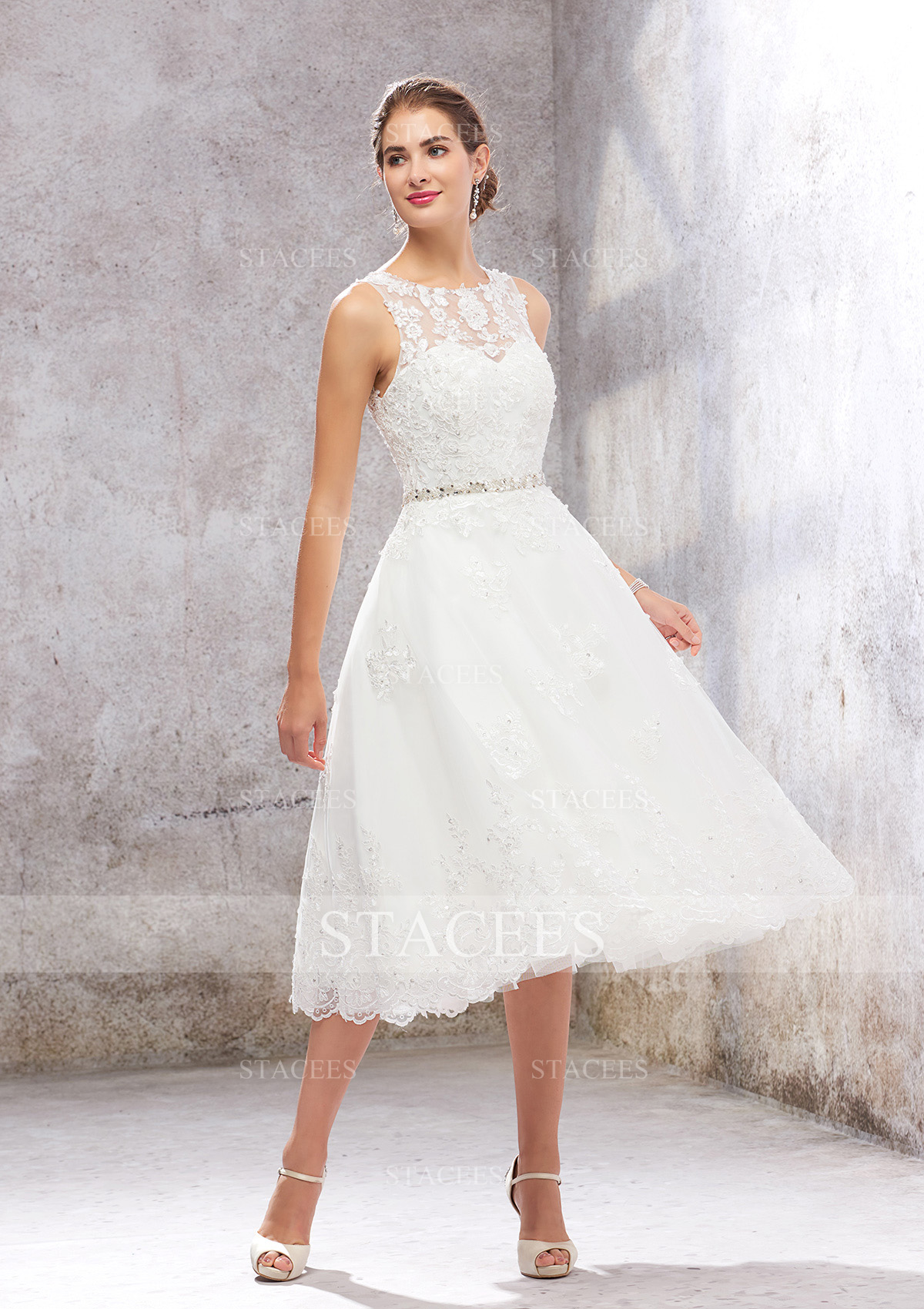 Ivory A-line Illusion Neck Tea-Length Tulle Lace Wedding Dress With Waistband Embroidery Crystal - STACEES