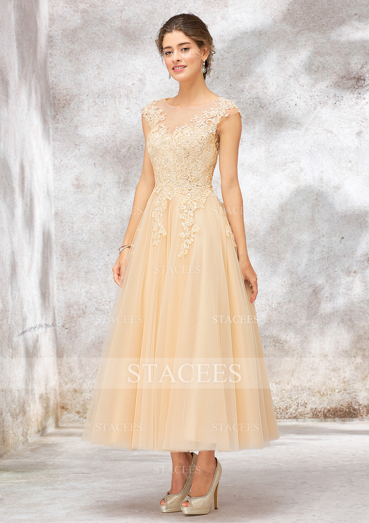 Champagne A-line Illusion Neck Sleeveless Tulle Lace Tea-Length Wedding Dress With Sequins - STACEES