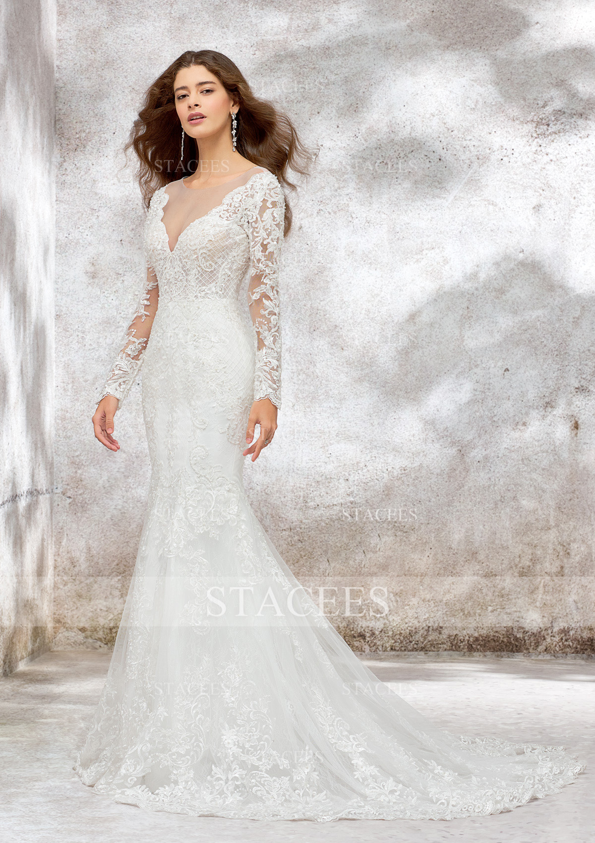 lace trumpet wedding dresses 44405: Trumpet Bridal Gown with Sheer Bodice and Basque Waist