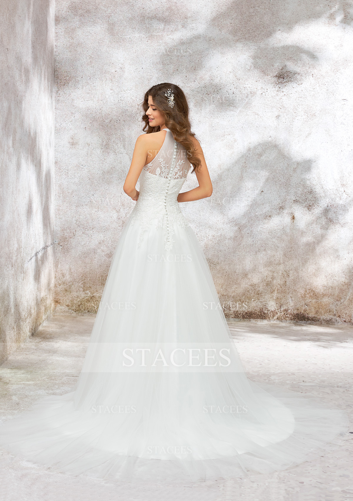 Ivory Princess A-line Halter Sleeveless Court Train Lace Tulle Wedding Dress With Appliques Sequins - STACEES