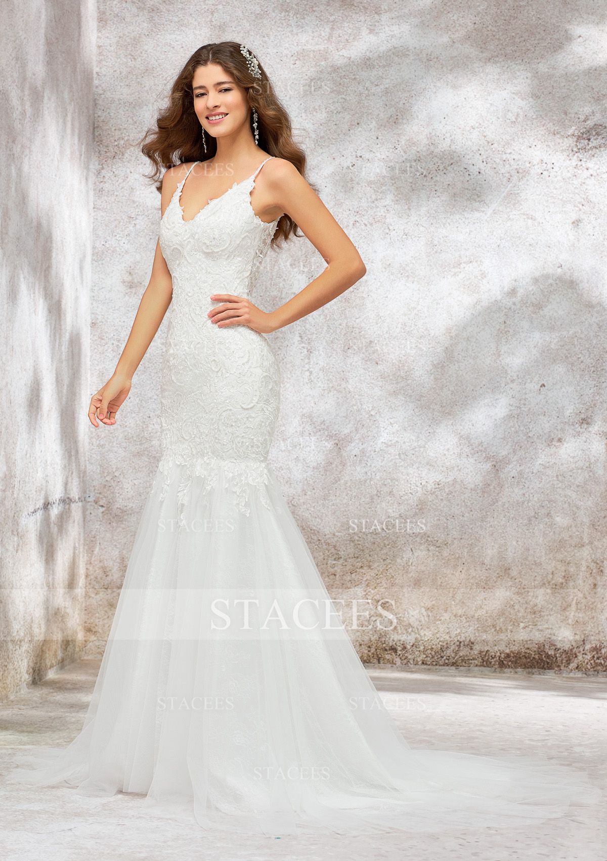 Ivoire Trumpette/Sirène traîne chapelle dentelle tulle robe de mariée avec appliques perle - STACEES